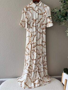 Anthropologie White Maxi Dress with Gold Chain Print